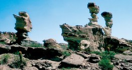 Rock towers formed by wind erosion in the desert