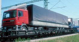 A freight train carrying lorries